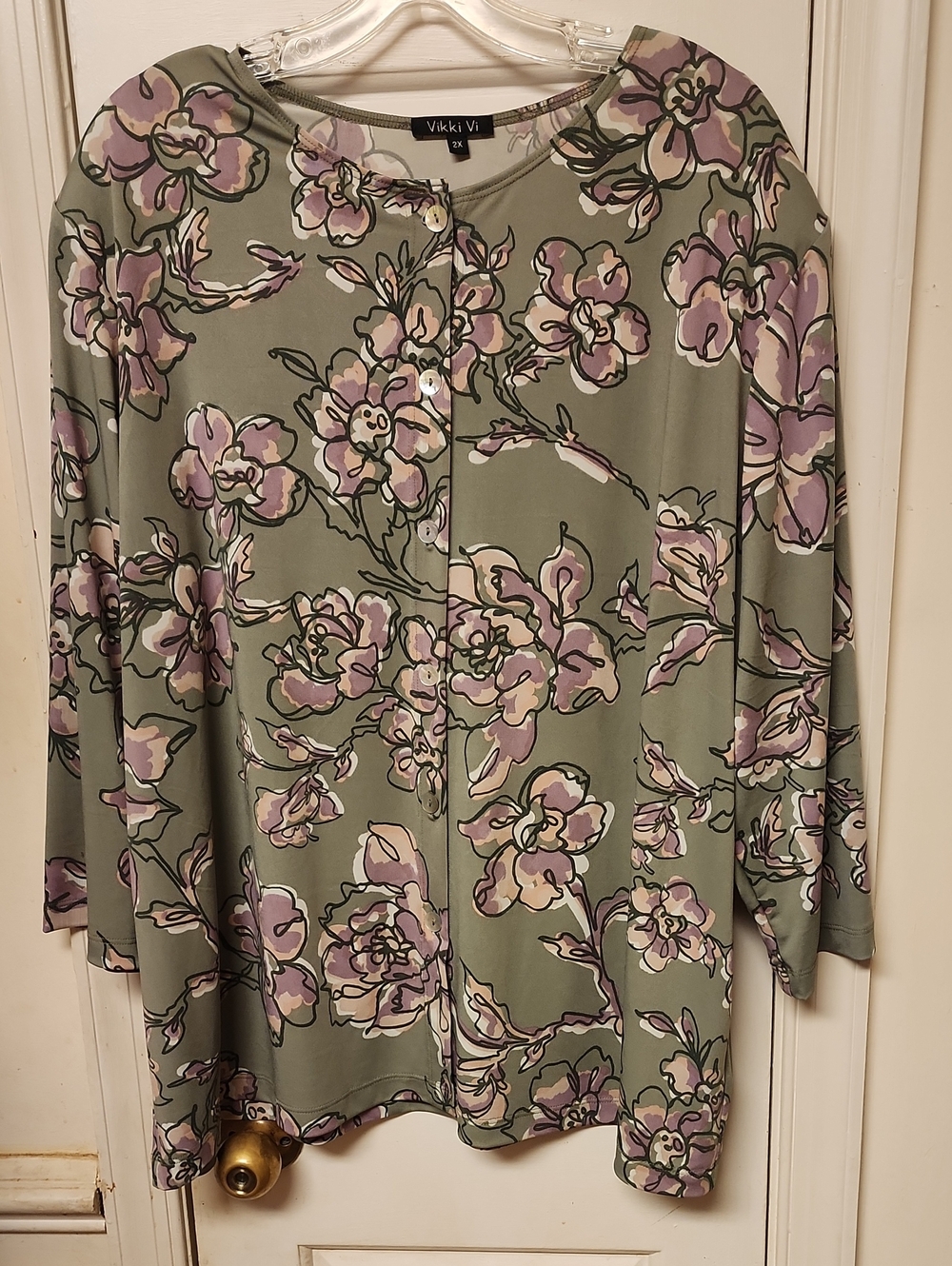Vikki Vi Olive and Lavender Floral Button Cardigan